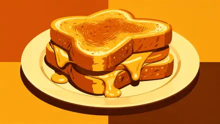 4K Ultra HD PC desktop wallpaper: golden grilled cheese sandwich with melted cheese oozing on a plate against warm orange tones.