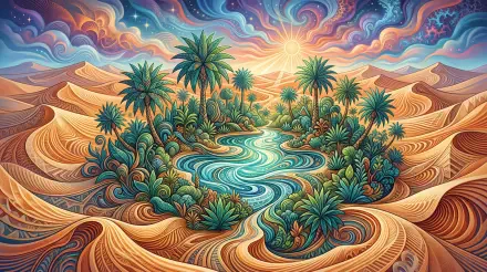 5K Ultra HD PC desktop wallpaper: vibrant desert oasis with swirling golden dunes, lush palm groves and a shimmering turquoise lagoon beneath a swirling, colorful sky.