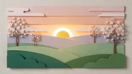 4K Ultra HD PC Desktop Wallpaper and Background: paper-cut spring sunset with layered green hills, blossoming trees and a glowing sun over soft lavender ridges.