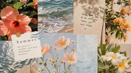 4K Ultra HD PC desktop wallpaper and background: summer floral collage of hibiscus, daisies and blossoms, ocean waves, handwritten note and soft pastel botanical textures.