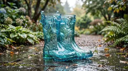 Translucent blue rain boots in a puddle on a wet garden path — 5K Ultra HD PC desktop wallpaper and background.