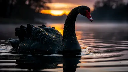 Black swan gliding across a mirrored lake at sunset — a 4K Ultra HD PC desktop wallpaper and background with droplets sparkling on its dark feathers.
