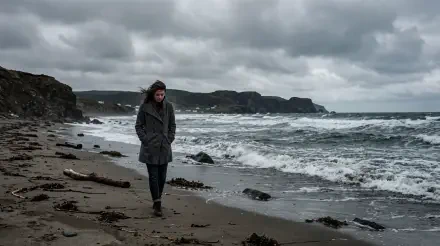 Moody coastal aesthetic: lone figure in a coat walks a windswept shoreline beneath storm clouds — 5K Ultra HD PC Desktop Wallpaper and Background.