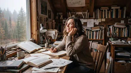 Inspiration — 5K Ultra HD PC desktop wallpaper of a person daydreaming at a cluttered wooden desk in a cozy, book-lined studio as soft sunlight streams through a window.
