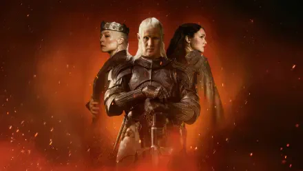 House of the Dragon 4K Ultra HD PC desktop wallpaper: three armored figures stand back-to-back amid embers and a glowing, fiery orange background.