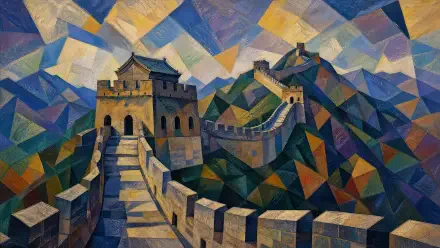 4K Ultra HD PC desktop wallpaper: geometric, painterly view of the Great Wall of China winding across colorful, faceted hills.