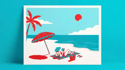 Minimalist summer 5K Ultra HD PC desktop wallpaper and background: stylized beach in turquoise and red with two loungers under an umbrella, palm tree and sun.