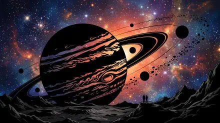 5K Ultra HD PC desktop wallpaper of a ringed gas giant over a colorful nebula starfield, silhouetted figures on a rocky alien shore watching the immense planet.