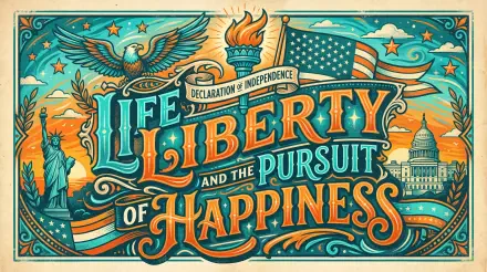 5K Ultra HD PC desktop wallpaper: ornate, vintage lettering Life, Liberty and the Pursuit of Happiness framed by American symbols—eagle, torch, Statue of Liberty, Capitol dome, flag.