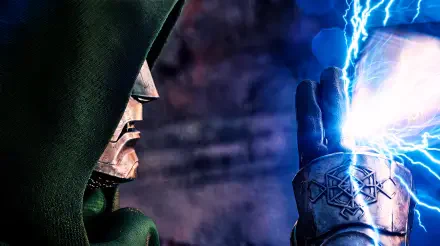5K Ultra HD Avengers: Doomsday desktop wallpaper — Doctor Doom in green cloak and armored gauntlet clashes with Thor's crackling blue lightning (Marvel Comics)