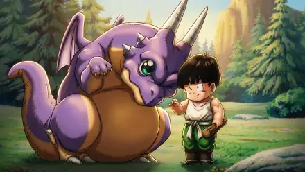 HD PC desktop wallpaper/background: Dragon Ball Z anime scene of young Gohan petting a friendly purple dragon in a sunlit forest.