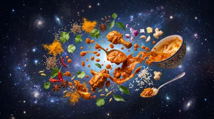 Vibrant 5K Ultra HD PC desktop wallpaper of curry: a bowl, spoon, chicken pieces, rice, spices and herbs exploding and floating across a starry galaxy background.