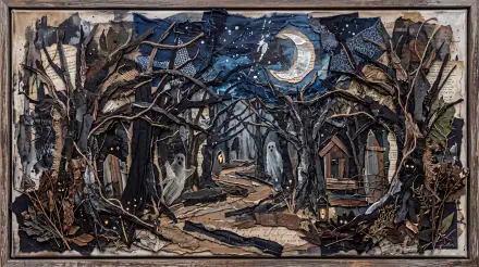 5K Ultra HD PC desktop wallpaper: moonlit haunted forest with twisted trees, a winding path, ghostly figures between dilapidated cabins under a starry crescent moon.