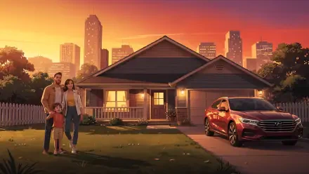 4K Ultra HD PC wallpaper The American Dream: sunset-lit suburban house, family on the lawn, red car in the driveway and a city skyline beyond.