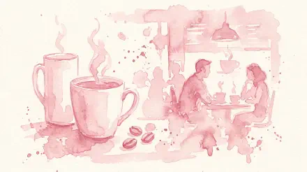 Light pink watercolor 5K Ultra HD PC desktop wallpaper and background showing two steaming coffee cups, beans, and a couple chatting in a cozy café scene.