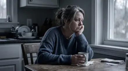Melancholic parent gazes out a rainy window, holding a mug at a worn kitchen table — moody 5K Ultra HD PC desktop wallpaper/background.