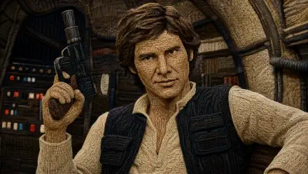 Han Solo holding a blaster, textured 4K Ultra HD PC desktop wallpaper/background with warm-toned starship interior and a confident, ready-for-action pose.