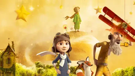 Whimsical The Little Prince 4K Ultra HD PC desktop wallpaper: the Little Prince on his asteroid with a girl aviator, fox, and an old pilot amid glowing stars and a warm golden sky.