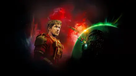 Project Hail Mary 4K Ultra HD PC desktop wallpaper: astronaut in a red suit framed by a fiery red nebula, a glowing green planet and a small approaching spacecraft.