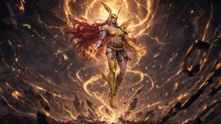 Marvel Rivals 4K Ultra HD PC desktop wallpaper: armored horned warrior levitating amid swirling golden energy, shattered rock and flying debris.