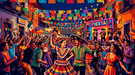 Vibrant Mexican fiesta street scene with dancers in traditional dresses and sombreros under colorful papel picado, neon signs and live mariachi — 5K Ultra HD PC desktop wallpaper/background.
