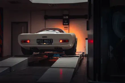 Rear view of a white McLaren G6GT vehicle on a garage lift, warm backlighting and reflections — 8K Ultra HD PC desktop wallpaper and background.