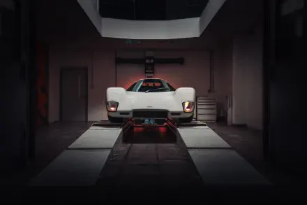 White McLaren G6GT sports vehicle front view in a dim garage, shown as an 8K Ultra HD PC desktop wallpaper/background.