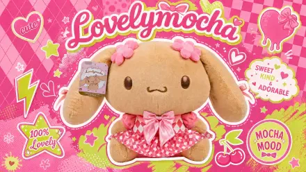 Lovelymocha plush bunny in a pink polka-dot dress on a vibrant pink 4K Ultra HD PC desktop wallpaper and background, surrounded by hearts, cherries and playful Lovelymocha lettering.