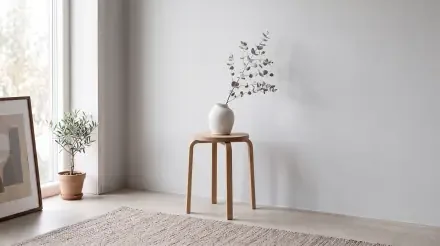 Clean minimalist interior: wooden stool with white vase and sprig, potted plant by a bright window — 5K Ultra HD PC desktop wallpaper and background.
