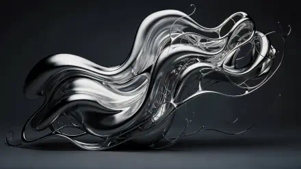 4K Ultra HD PC desktop wallpaper and background: flowing liquid metal sculpture—silvery ribbons and tendrils twisting in glossy, abstract waves against a dark backdrop.