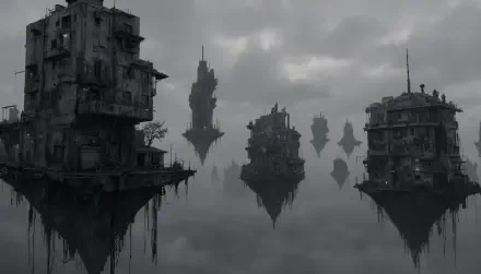 Monochrome scene of dilapidated floating buildings mirrored on calm water — 5K Ultra HD PC desktop wallpaper background.