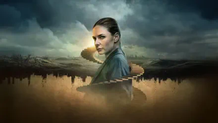 Surreal 4K Ultra HD PC desktop wallpaper: a woman in a foggy plain with a spiraling staircase and distant silo silhouettes beneath a stormy sky