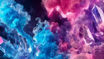 Vivid blue and magenta plumes of colorful smoke swirling among crystalline shards — 5K Ultra HD PC desktop wallpaper and background.