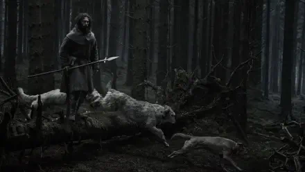 4K Ultra HD PC desktop wallpaper and background: a cloaked figure with a spear in a moonlit, shadowed forest as wolves surround a snarling werewolf crossing a fallen log.