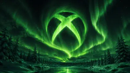 Xbox 2K Quad HD PC desktop wallpaper: glowing green Xbox logo shaped in an aurora over a forested lake, mirrored in the water with misty pine silhouettes.