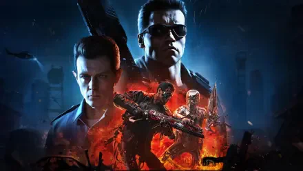 Terminator 2: Judgment Day 4K Ultra HD PC wallpaper — T-800 in sunglasses, young John Connor behind, and a fiery metallic T-1000 rising amid a ruined, glowing cityscape.