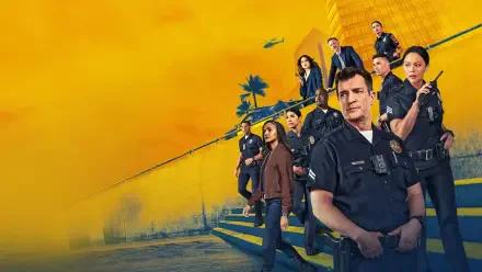 4K Ultra HD PC desktop wallpaper of The Rookie: the show's officers posed on steps against a vivid yellow-orange skyline.