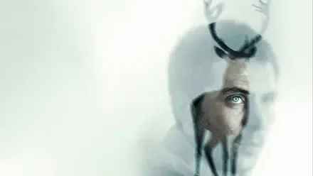 Disclosure Day 4K Ultra HD PC desktop wallpaper: ghostly double-exposure of a man's face merging with a stag, bright green eye and pale ethereal background.