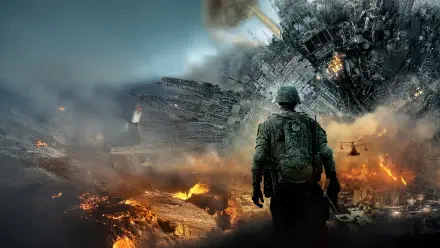 Battle: Los Angeles 4K Ultra HD PC desktop wallpaper — lone soldier faces a burning, ruined Los Angeles as a massive alien warship hovers overhead amid explosions and helicopters.