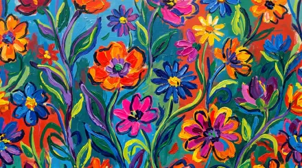 Vibrant hand-painted flower pattern of bold orange, pink and blue blooms with swirling green stems — 5K Ultra HD PC desktop wallpaper and background.