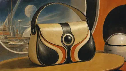 Retro-futuristic purse motif on a 4K Ultra HD PC desktop wallpaper and background: cream, black and orange handbag set against a sci-fi cityscape.