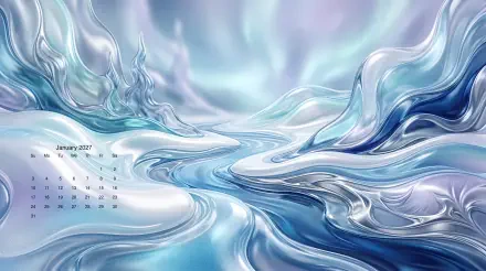 January 2027 calendar on a 5K Ultra HD PC desktop wallpaper and background: glossy icy-blue and silver fluid swirls forming a flowing, abstract landscape.