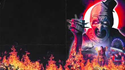 Terrifier 2 4K Ultra HD PC desktop wallpaper: menacing skeletal clown with top hat looms over roaring flames and twisted carnival figures against a black backdrop.
