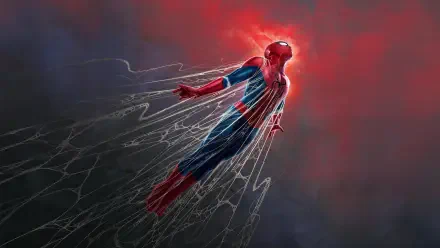 Spider-Man (Brand New Day) hurtling through a crimson sky with webs streaming behind him — 2K Quad HD PC desktop wallpaper/background.