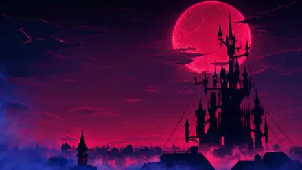 Castlevania Belmont's Curse 4K Ultra HD PC desktop wallpaper — silhouetted gothic castle beneath a blood-red moon over a misty purple skyline.
