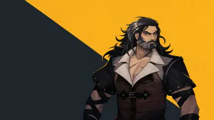 Castlevania: Belmont's Curse — rugged Belmont vampire hunter in a leather coat against a diagonal black-and-gold backdrop. 4K Ultra HD PC desktop wallpaper from the Castlevania video game.