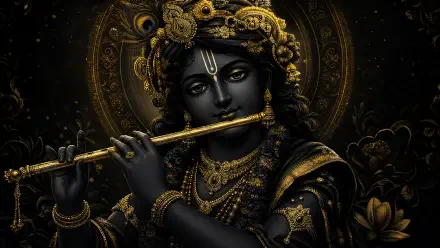 4K Ultra HD PC wallpaper of Lord Krishna: dark-skinned divine figure playing flute, ornate golden jewelry and halo against an intricate black-and-gold floral background.