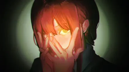 HD anime desktop wallpaper of Makima from Chainsaw Man, hand covering her face as one glowing eye peers through a dark, vignetted background.