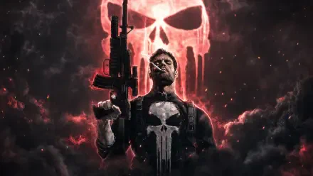 Vigilante Punisher stands in a 4K Ultra HD PC desktop wallpaper, holding a rifle before a glowing skull emblem amid smoke and red highlights.