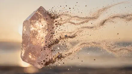 Rose quartz gemstone crystal fragment dissolving into fine dust and light streaks against a soft sunset — 4K Ultra HD PC desktop wallpaper background.